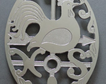 Vintage Silver Metal Trivet Rooster - Hen - Chicken Oval Shape Wall hang or Countertop Weathervane Weather Vane