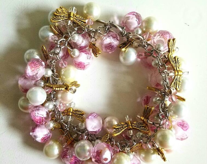 White Bead Pink Rose Glass Bead Gold Dragonfly Wing Cluster Toggle Bracelet