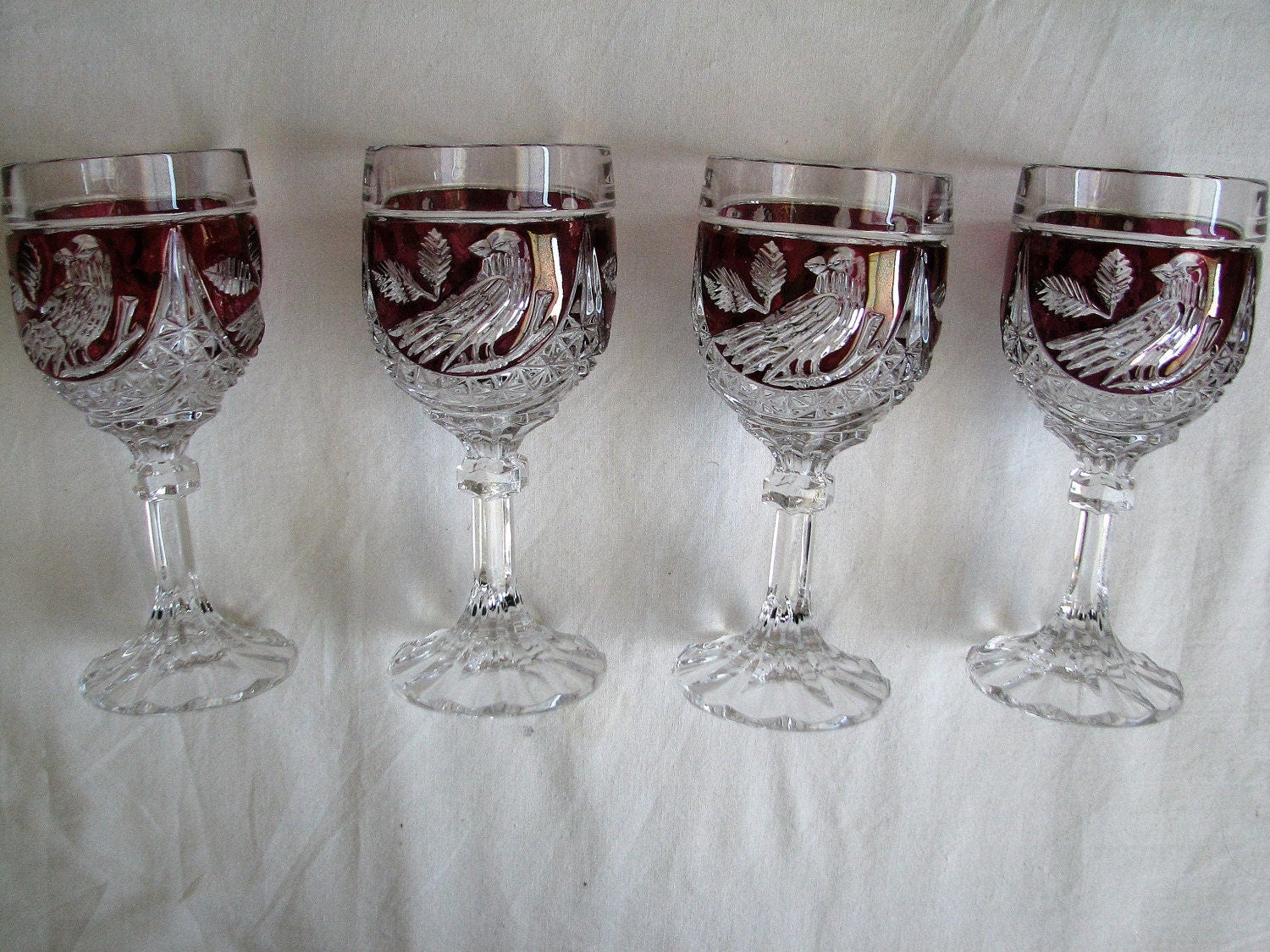 4 HOFBAUER red bird byrde WINE GOBLETS lead crystal Germany