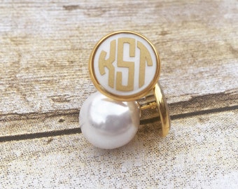 Pearl Back Earrings, Monogram Earrings, Peekaboo Earrings, Pearl Stud Earrings, Bridesmaid Gift, Bride, Button Earrings, Gold Earrings