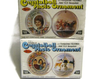 Vintage Christmas Diorama Ball Ornament Kit Crystal Photo Decoration Sealed NOS Miniature Girl Santa Reindeer Snowman Plastic Mini