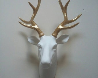 Hand painted stag head wall mount faux taxidermy gold antlers. Lovely gift idea, christmas, birthday, home decor. His and hers gift present
