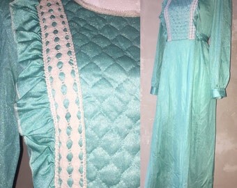 70s beautiful nylon turquoise long princess dress size S/M