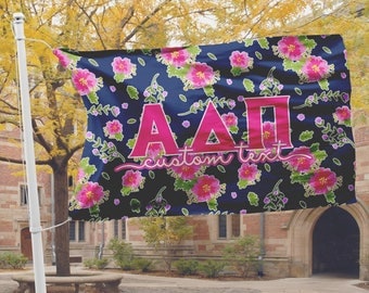 Alpha Delta Pi flag, Navy blue with bright hot pink floral, 3 x 5 feet Polyester mesh, Customizable Sorority gift, ADPi Room decor