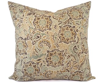 Two Damask Pillow Covers - Blue Green Yellow Pillows - Neutral Pillow Sham - Cream Pillow - Custom Pillow - 16 Inch Pillow - 18 x 18 Pillow