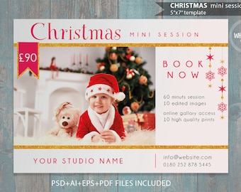 Christmas Mini Session Template for Photographers - 7"x5" print - psd template- eps pdf - editable file- gold glitters and red ad template