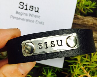 Sisu skinny leather cuff bracelet - Finnish gift - Grit - perseverance - overcomer - inspirational jewelry - Love Squared Designs
