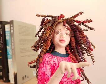 Paper mache sculpture, papier mache art, shelf decor, wall sculpture, realistic curly girl