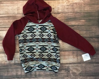 9-12 Months - Aztec French Terry Hoodie - Burgundy - Ready to Ship