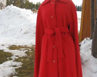1960s Womens Lined Red Wool Cape/Wrap/Poncho/ Belted Wrap/ Size S-M/ Twiggy Cape Coat/ Valentines Wool Cape
