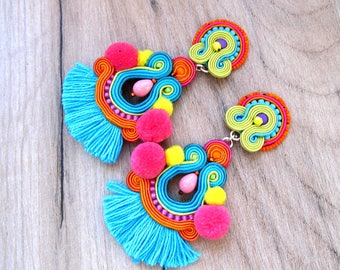 Colorful Tassel Earrings, Clip On Earrings, Pom Pom Earrings, Fringe Earrings, Soutache Earrings, Handmade Earrings, Festive Earrings
