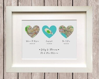 Where It All Began, Three Heart Map Personalised Gift, Wedding Gift, Anniversary Gift, Gift for Couple, Groom Gift, Bride Gift, Husband Gift