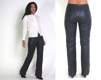 Vintage 90s Black Leather Flared Hip Hugger Pants Jeans Moto Biker