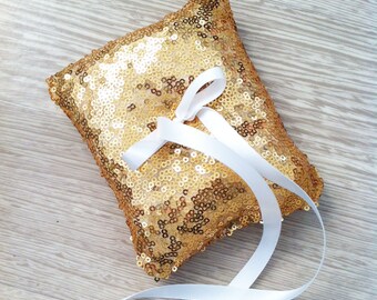 Wedding ring pillow - Wedding ring bearer - Ring pillow bearer - golden sequins ring pillow - ring pillow