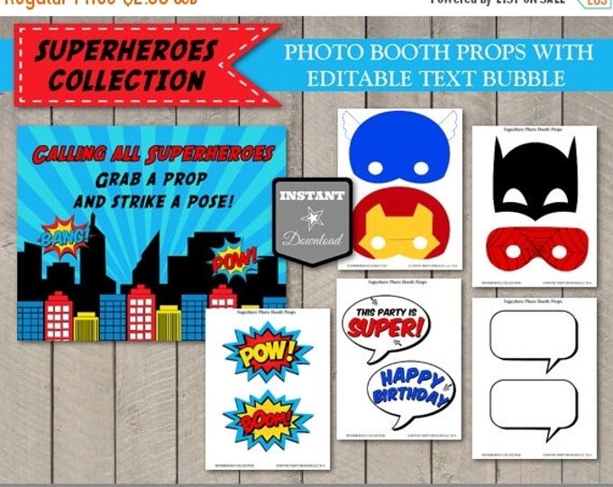 SALE INSTANT DOWNLOAD Superhero Printable Photo Booth Props with Editable Text Bubble / Printable Diy / Superheroes Collection / Item #508
