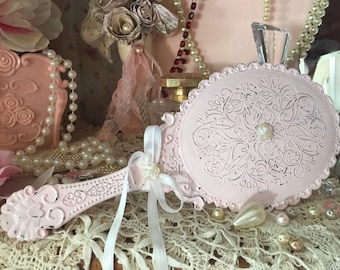Shabby Chic Vanity Handheld Mirror Vintage Style Boudoir Decor Victorian Inspired Decorations Hand Held Princess Blue Ivory White Pink Gift