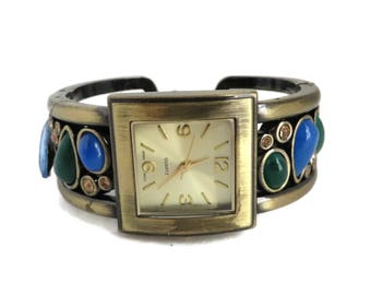 Vintage Bracelet Watch, Faux Gemstone, Rhinestone Cuff, Women's Bracelet Watch