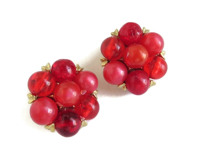 ON SALE! KRAMER Red Bead Cluster Earrings, Vintage Gold Tone Clip-on Earrings Designer Signed Costume Jewelry Gift Idea
