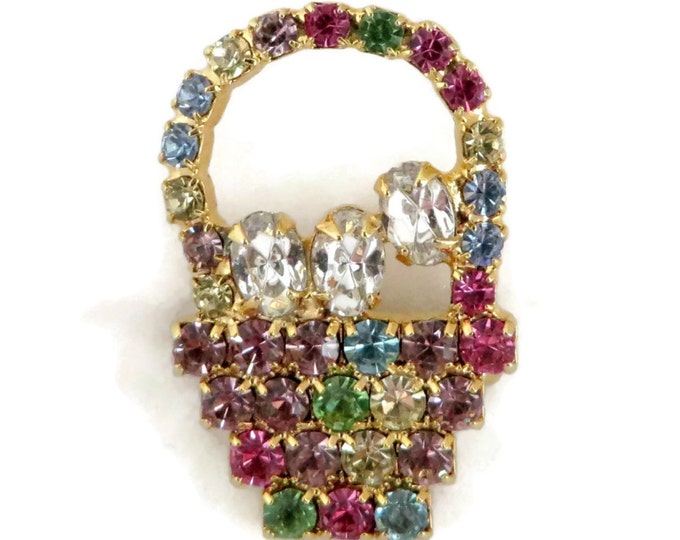 Vintage Rhinestone Fruit Basket Pin, Red, Green, Blue, Purple, Yellow, White Gold Tone Basket Pin