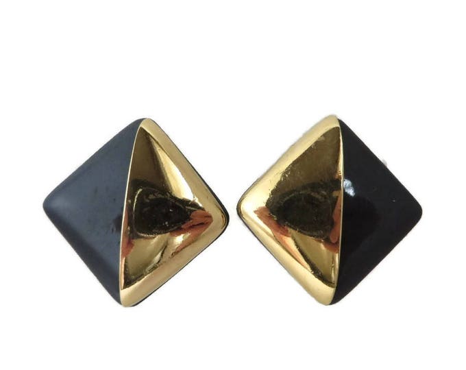 Trifari Square Earrings, Vintage Black & Gold Tone Clip-on Earrings, Signed Trifari Classic Jewelry, Gift Boxed