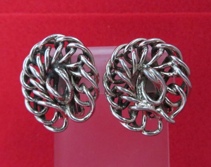 Vintage Freirich Chain Link Earrings - Silver Tone Earrings, 1960s Clip-ons