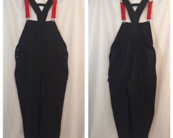 Vintage LL Bean Men's Wool Overalls XL Extra Large Gray Red Green Windowpane Plaid with Red Suspenders Made in USA Riveted Buttons