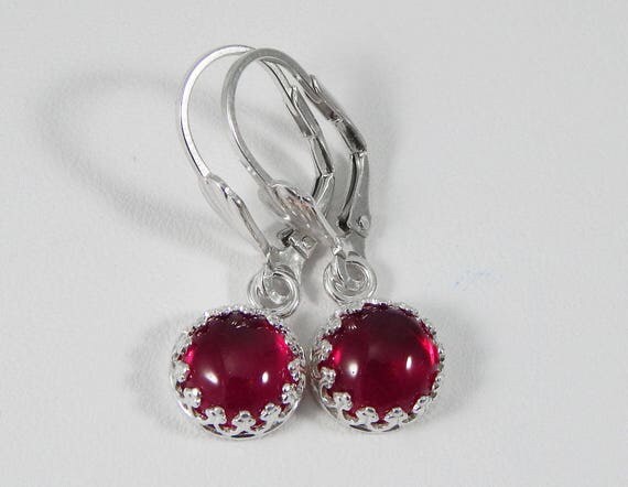 Lab Created Ruby Cabochon Earrings. 8mm Ruby Dangle Earrings.