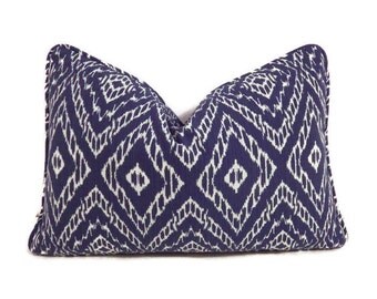 Blue Lumbar Pillow-Robert Allen Strie Ikat Ultramarine Pillow Cover-Blue and White Ikat Pillow- Modern Blue Pillows