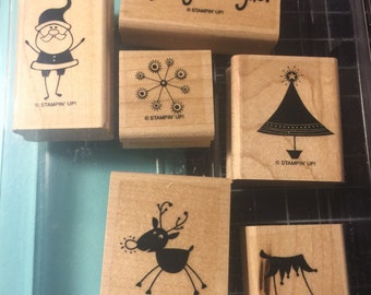 Stampin Up Sparkly & Bright rubber stamp set of 6 on wooden blocks