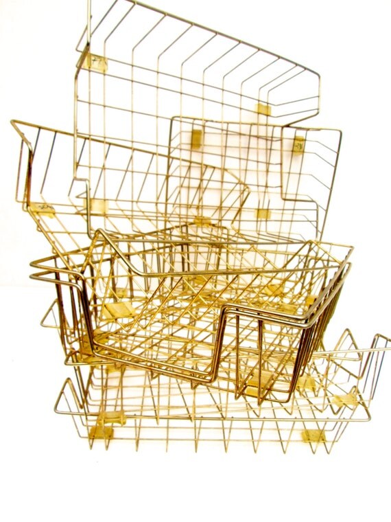 Set of Two MidCentury Gold Metal Wire File Trays Legal Paper