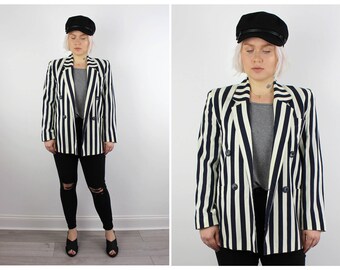 Vintage 1980's Boating Navy Stripe Blazer 10 12 14 M L / FREE UK SHIPPING
