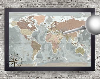 Push Pin World Map, Old World style with modern geography, Designed by a Professional Geographer/Cartographer