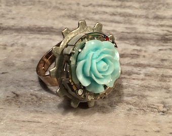 Dieselpunk Jewelry, Diesel punk ring, Steampunk Ring, Silver Watch Movement Ring, Teal Rose Ring, Repurposed Statement Ring Adjustable Size