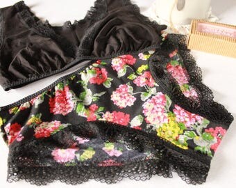 basic black and floral lingerie set, bohochic summer bralette, floral panties