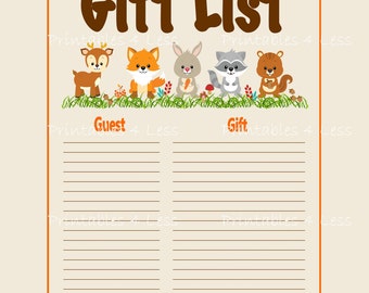 Woodlands Gift List, Printable Woodlands Baby Shower Gift Checklist, Baby Gift Tracker, Guest Gift List Sheet - Printables 4 Less 0087