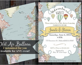 Adventure Awaits Baby Shower Invitation | World Map | Hot Air Balloon | Around the World | printable, digital file, PDF