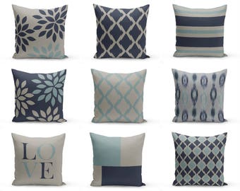 Throw Pillow Covers, Navy Blue Grey , 20" Cushion Covers, Accent Pillow Covers, Home Decor, Choose patterns for front and back!!!