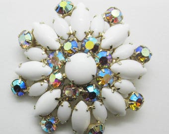 Vintage Jewelry - Rhinestone Brooch Pin - White Milk Glass Navettes - Juliana Style