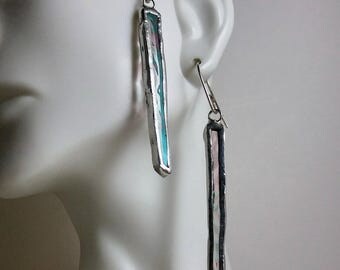Stained glass earrings, iridescent glass stick earrings on handmade sterling silver ear wires