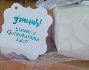 Bella quinceañera gracias etiquetas personalizadas para obtener favores blanco con texto de lámina verde azulado