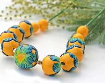 Multi coloured beaded necklace, polymer clay necklace, beaded necklace handmade by Olga Hengst art flower unique polymer clay