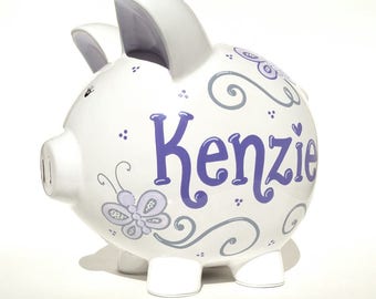 Butterflies Personalized Piggy Bank Ceramic | Hand-painted | Violet | Lilac | Gray - Large Size: 8" x 7.5" x 7" | Piggy Banks for Girls
