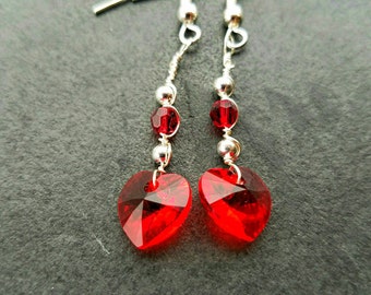 Red Crystal Heart Earrings, red love heart earrings, Swarovski crystal red heart earrings, red heart earrings for women, red love heart