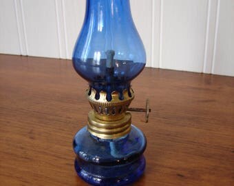 Miniature Blue Glass Oil Lamp, Vintage 1970's, New Old Stock, Metal Screw On Neck, Wick Adjustment Knob, Cotton Wick, Mini Antique Replica