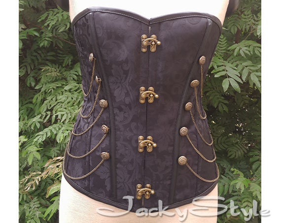 Black Sreel boned Corset Steampunk Stud and Chain Detail Waist Training Corset Gothic Overbust Waist Cincher by JackyStyle steampunk buy now online