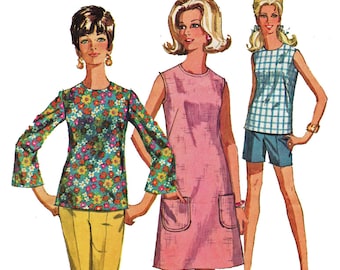 Housedress Pattern Bell Sleeve Blouse Pattern Overblouse Dress Sleeveless Top Pants Shorts 1960s Sewing Pattern Simplicity 7599 Bust 42