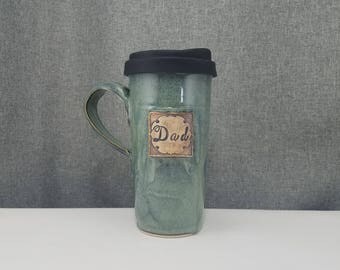 IN STOCK**Pottery Travel mug / Commuter mug with silicone lid - "Dad" - Coral Blue