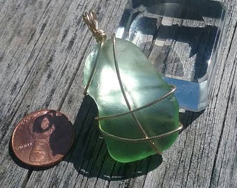 Foam Green beach Glass Medium/Large Pendant wrapped in Gold Filled