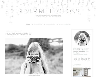 Premade Blogger template. Silver Reflections. Responsive blogger theme. Premade blog design for Blogger. Clean simple, minimal. White, grey