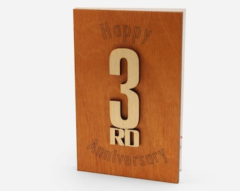 3rd Anniversary Card, Third Anniversary, 3rd Anniversary Gift, 3 Wedding Anniversary, 3 Year Anniversary, Leather Anniversary, Wood Cards